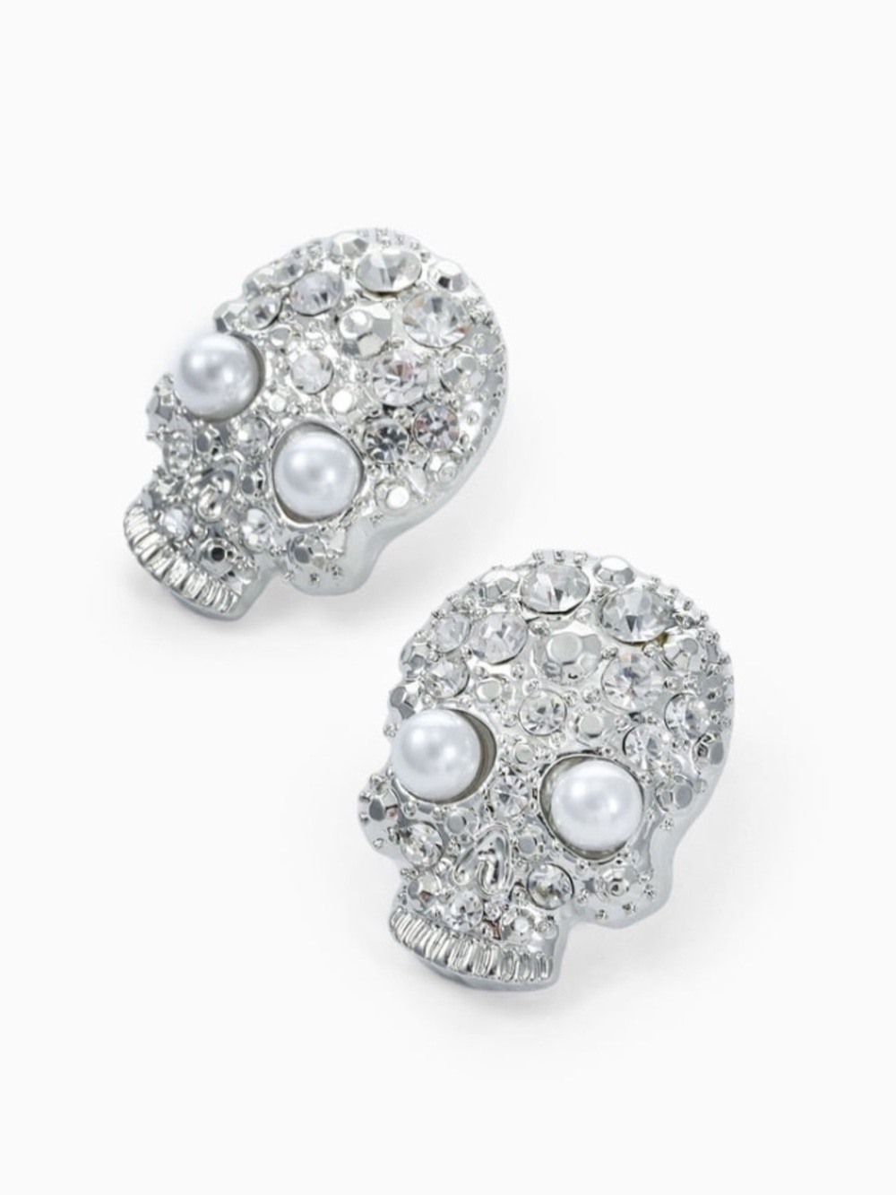 Skull Stud Earrings Rhinestone and Pearl Hypoallergenic